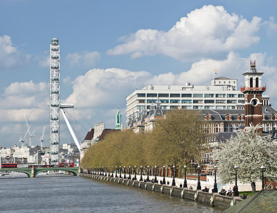 St Thomas' Hospital, the London Eye, and the River Thames on a sunny day